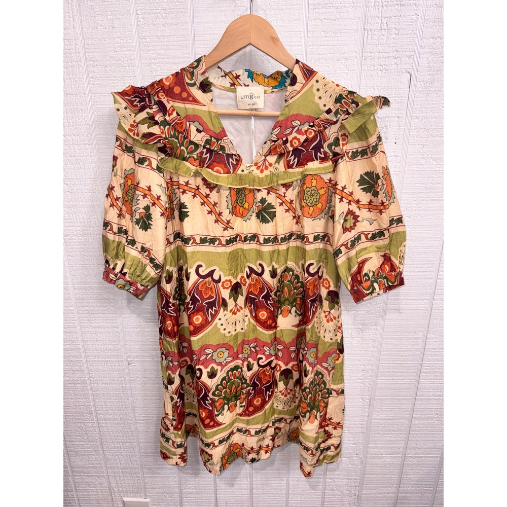 Umgee Tunic Dress Women Multicolor Paisley Floral Ruffle Boho NWT Size S